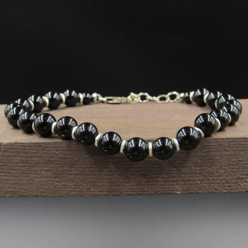 7" Sterling Silver Simple Black Stone Bracelet